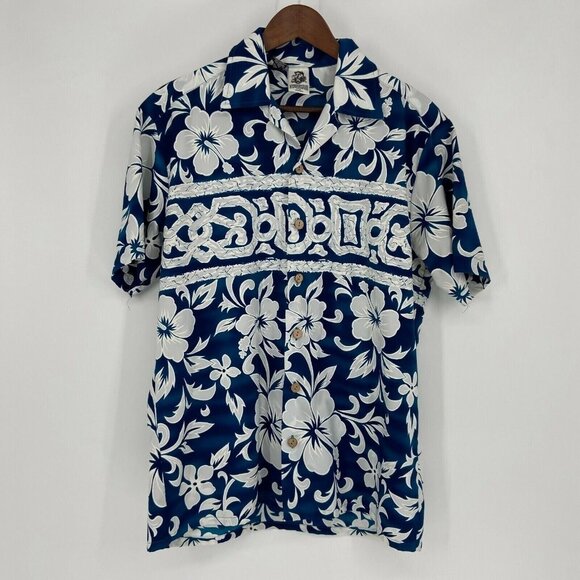 Kennington Hawaiian Shirt Men's  Medium Polyester Blue/Gray‎ Button Down - Picture 1 of 8